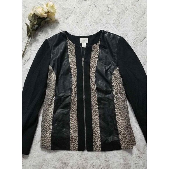 ✨️CL Chico's Cheetah Print Faux Black Leather Full Zip Jacket Size Chico's 0 - Picture 1 of 9